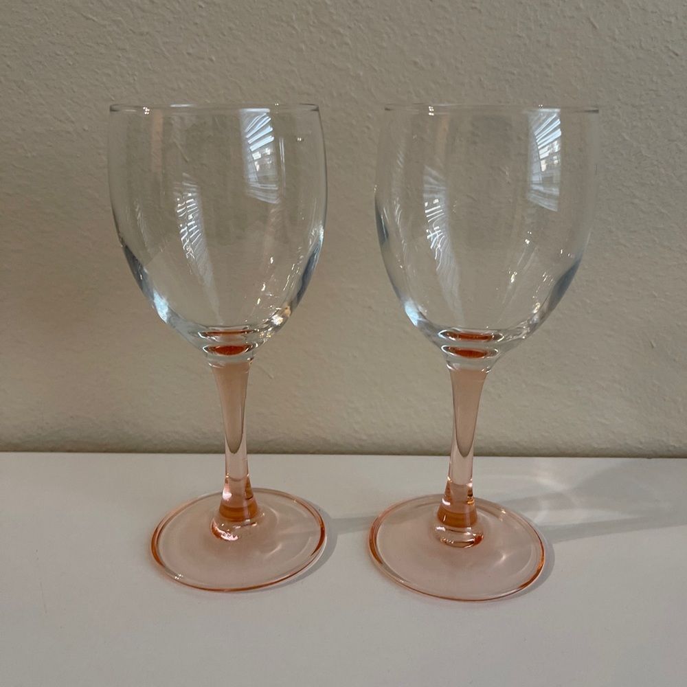 Luminarc Wine Glass Rose Pink Blush Stem 6 7/8” Tall. Set Of 2